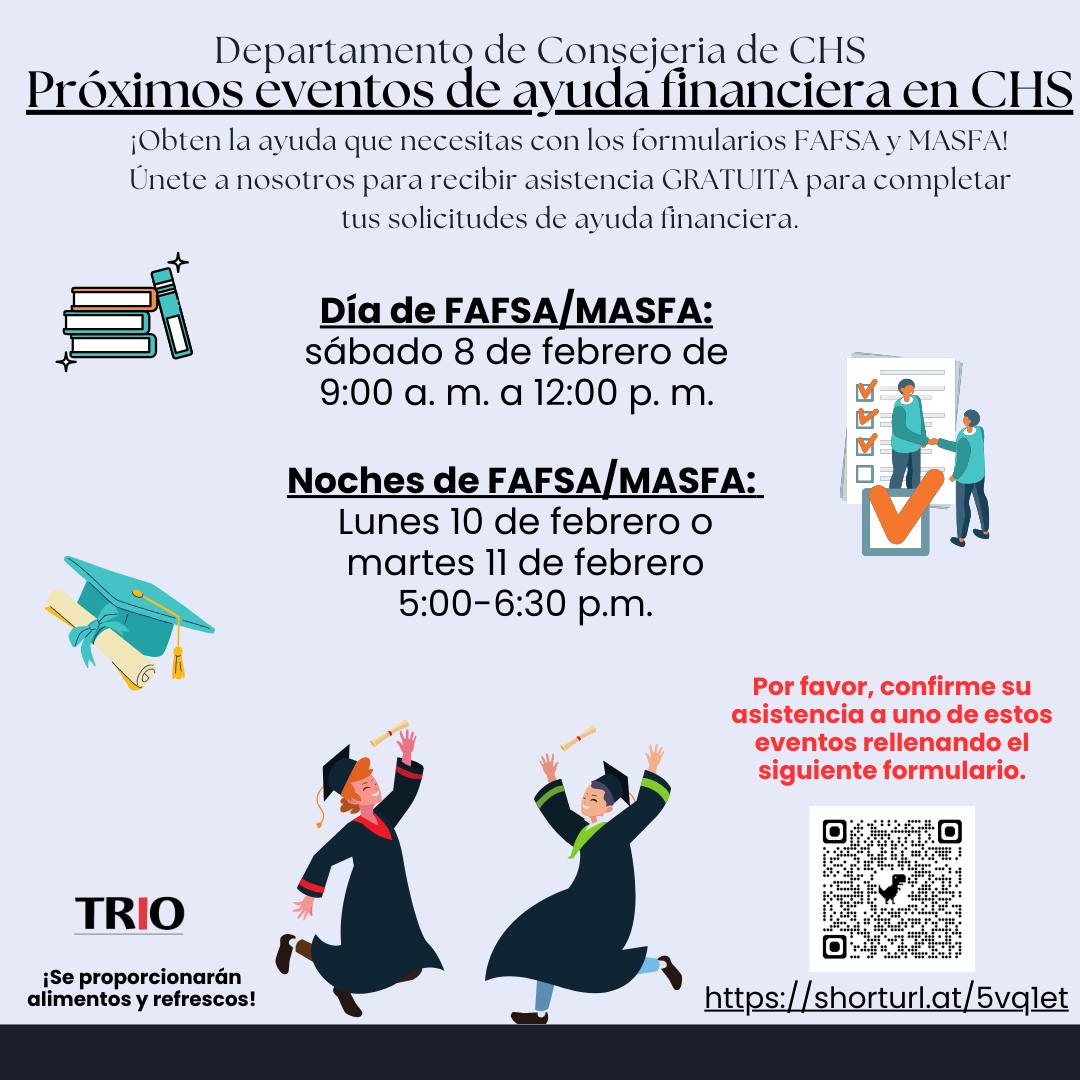 Flyer in Spanish with information about family events to help with FAFSA and MASFA forms